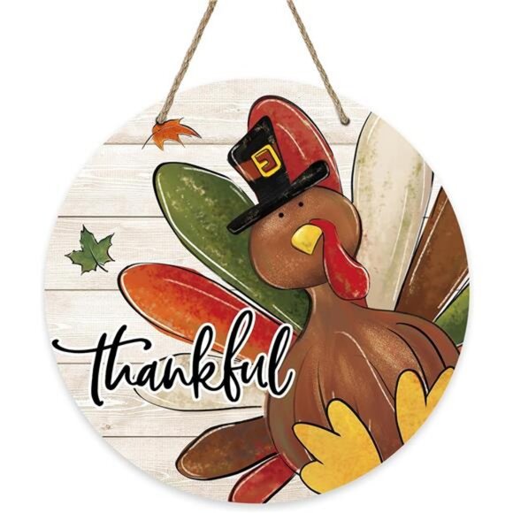 Thanksgiving Thankful Turkey Sign for Front Door Decor, Fall Maple - Picture 1 of 7